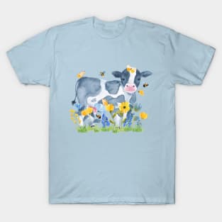 Watercolor Cow in Spring Flowers, Bees, & Beautiful Butterflies T-Shirt